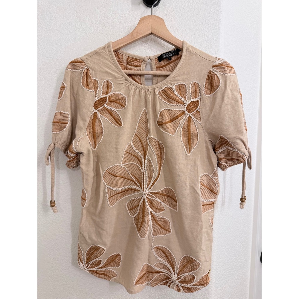Badgley Mischka Puff Sleeve Linen Blend Floral Embroidered Blouse Tan Size M